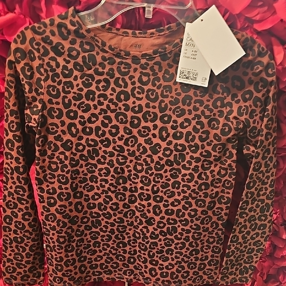 H&M NWT Girls Brown Leopard Print Long Sleeve Tee Size 6X/7